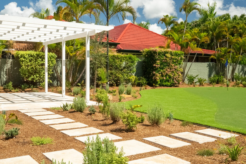 Santa Cruz Landscape Design Project, Clear Island Waters - Shade Patio and Steppers, Garden